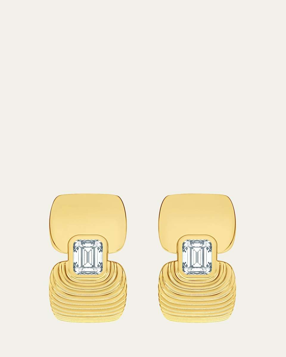 18K Yellow Gold Adire Emerald Cut Earrings with White Diamonds